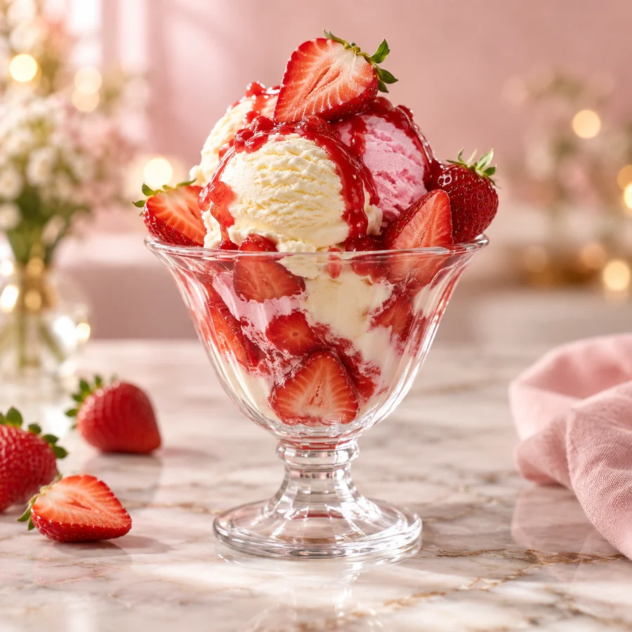 Strawberry ice cream sundae